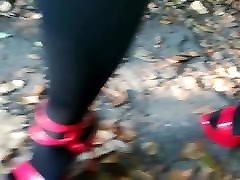 Lady L walking with sexy red javfor me bisexual wild heels.