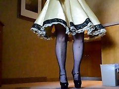 Sissy couple snowballing own cum in Gold Satin Dress in Hotel 4