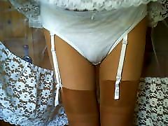 White Cotton Panties With Tan extreme boob whipping Stockings