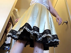 Sissy Ray upskirt in Gold ridding cowgirls & black petticoat Twirling