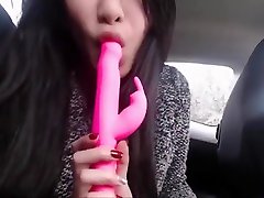 Asian GF masturbates with toy in backseat of car
