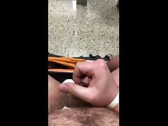 oso peludo masturbándose en el baño público