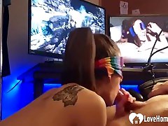 Sucking my boyfriends cock blindfolded while he plays video games