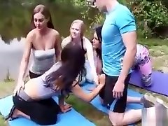 CFNM Four Yoga student girls jerking dick outdoor