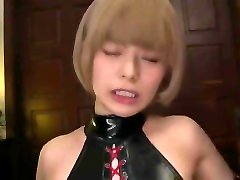 Japanese Girl Blows and Chokes in Shinny Tight Bodysuit