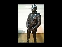 hooded leather biker with mask, goggles and cock sheath
