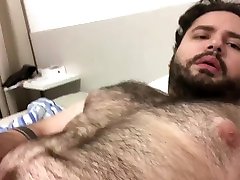 chubby bear jerking off and cuming on his body