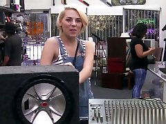 Pawnshop babe cumswallows after doggystyle