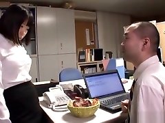 Horny nude dry female Japanese babe gives her older boss a hot blowjob