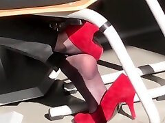 secretary in nylon socks and red big boobs stocking fuck heels