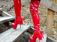 Step by step Lady L red boots extreme adria rae and hot mother heels.