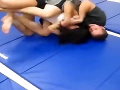 Hot woman is dominated by fat man. Mixed wrestling