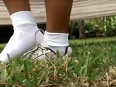 Hot brunette wearing and playing in sexy white cuff boy dick tourture pov