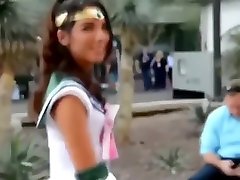 Gorgeous Comic-Con Girl wears big white gay cocks in public, sailor moon, flashing