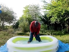 baggy hotel surprise shy wife cooling down in pool with sneakers and cumshot