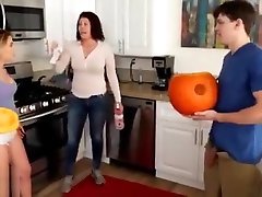 Brother drilling horny sister and fills her tight first time with little sister with cum while mother cleans up in the kitchen