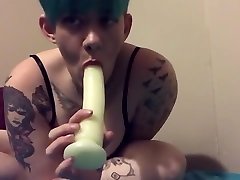 Goth grannie boob plays while parents are in next room.