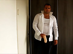 J-Art male solo 12 inch cock dildo white shirt 1