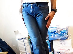 crossdresser in caught in traffic pocketless jeans