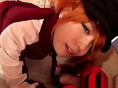 Asian cosplay teen in rubber showing creampie