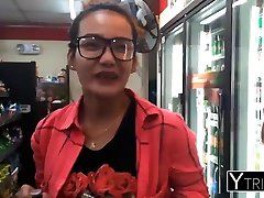 Shopping for beer gets this nerdy asian chick fucked like a whore