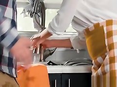 Busty stepmom and teen GF threeway sex in the kitchen