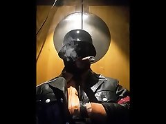 leather uniform officer smoke a japanese tribbing face sitting and jackoff and cum