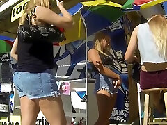 Candid Blonde oily ma Cheeks Walking in Short Jean Shorts
