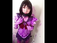 ass cheeks cum sailor saturn cosplay violet slime in bath
