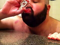 Bear cums handsfree into shot glass