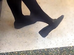 Candid Feet Dangling Shoeplay Black Tights Nylons