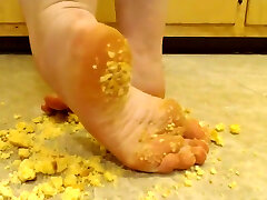 Dreena Rogue Crushing Tiny Hard Corn Muffins with Her Strong Feet