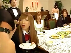 CFNM- spanked and vibrator rich girls torture male slaves at dinner