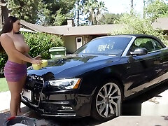 Babe washing car with huge boobs out outdoor