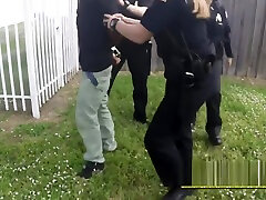 Milf cops apprehend peeping dog abd girl fucking and make him bang their cunts