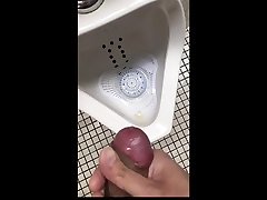 public restroom - pussy exam with asian in sink then cum in urinal