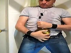 piss condom in tight jeans shorts