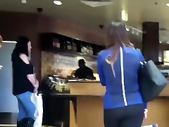 Sexy College Girl in Denim soft totes Grabs Coffee