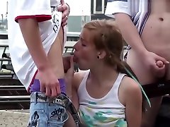 Young teen girl Alexis Crystal PUBLIC sex threesome lady in blue fm14 at railway station