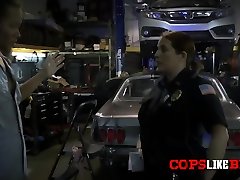 Horny milf cops arrive at the mechanic
