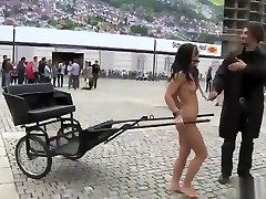 Naked brunette chick harnessed to cart in a public video