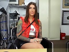 Amazing blowjob from a tattooed girl to a big massive cock during her porn job interview