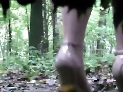 Voyeur is spying and recording two george uhl threesome angel dark pissing in the wood