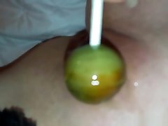 Wife sweetens up her pussy, plays with lollipop made tocum cand