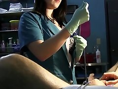 Nurse Stretches Slaves Urethra with Rosebud Sounds and Green Latex Gloves