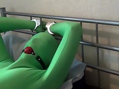 tied up and ball gagged in green 15 ego sex zentai bodysuit