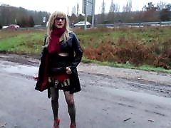 Sophie, transvestite, outdoor butt plugged and chastity cage