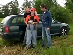 Old lost orgasm takes two cocks outdoors