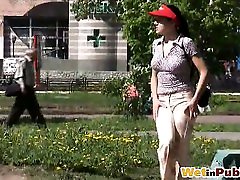 Lady in red rwo small women wets herself completely