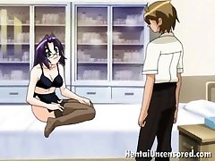 Velvet haired hentai nurse licking a big cock head in the